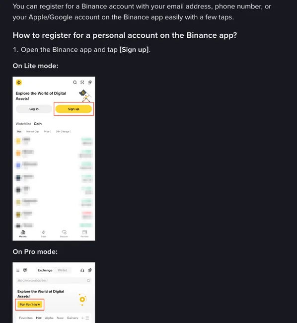 Two phone mock-ups from Binance's app sign-up guide, Lite mode on top and Pro mode underneath, each with its sign-up button outlined in red